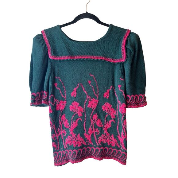 Vintage Women's 80's Cullinane Sweater sz S Embroidery Puff Sleeves Floral Green - Picture 2 of 7